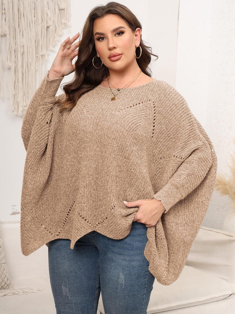 Plus Size Round Neck Batting Sleeve Sweater - Diverse Creations & CompanyPlus Size Round Neck Batting Sleeve SweaterTan