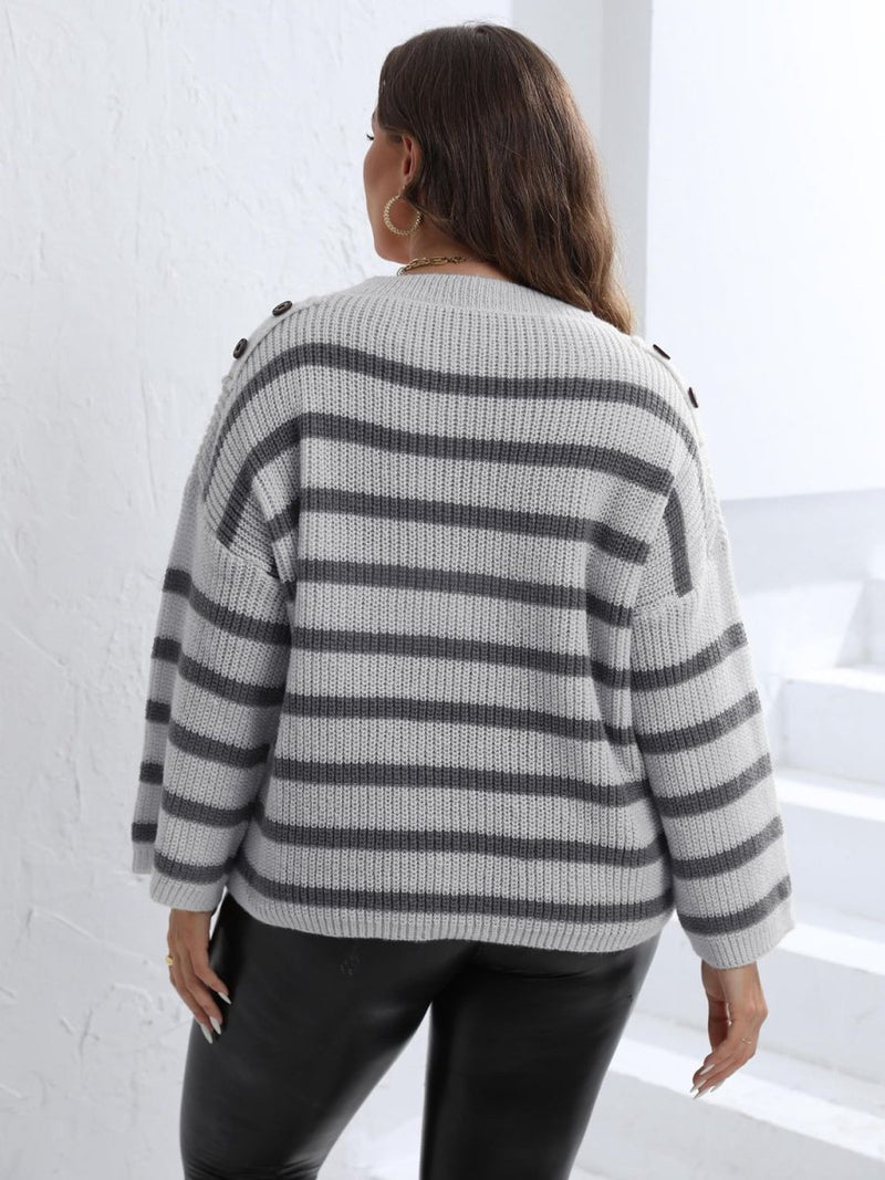 Plus Size Striped Dropped Shoulder Sweater - Diverse Creations & CompanyPlus Size Striped Dropped Shoulder SweaterLight Gray