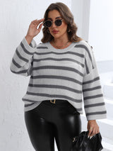 Plus Size Striped Dropped Shoulder Sweater - Diverse Creations & CompanyPlus Size Striped Dropped Shoulder SweaterLight Gray