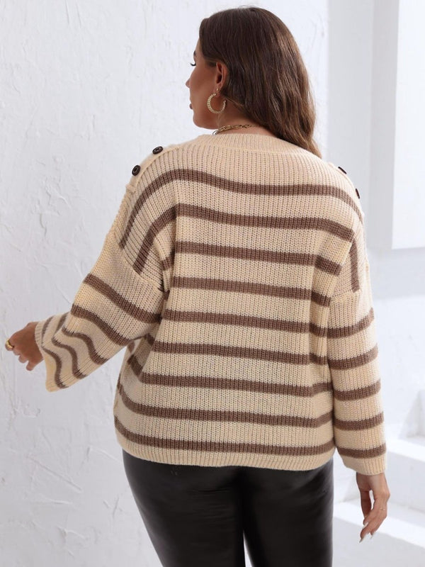 Plus Size Striped Dropped Shoulder Sweater - Diverse Creations & CompanyPlus Size Striped Dropped Shoulder SweaterTan