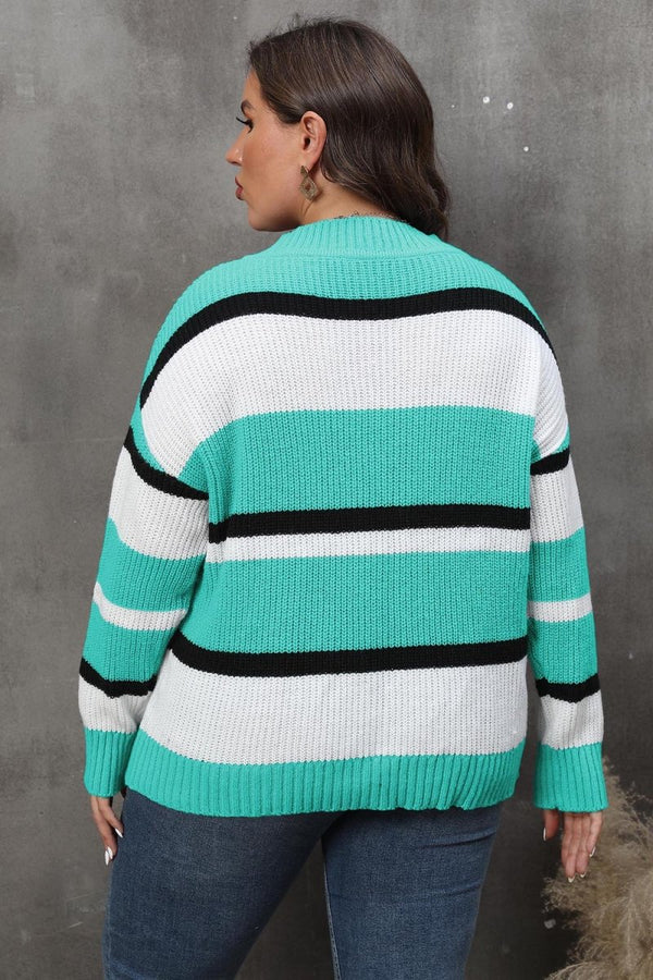 Plus Size Striped V - Neck Dropped Shoulder Sweater - Diverse Creations & CompanyDropped Shoulder SweaterTiffany Blue