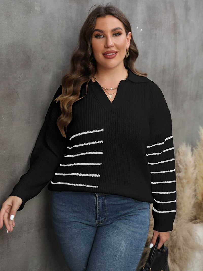 Plus Size Striped V - Neck Sweater - Diverse Creations & CompanyPlus Size Striped V - Neck SweaterBlack