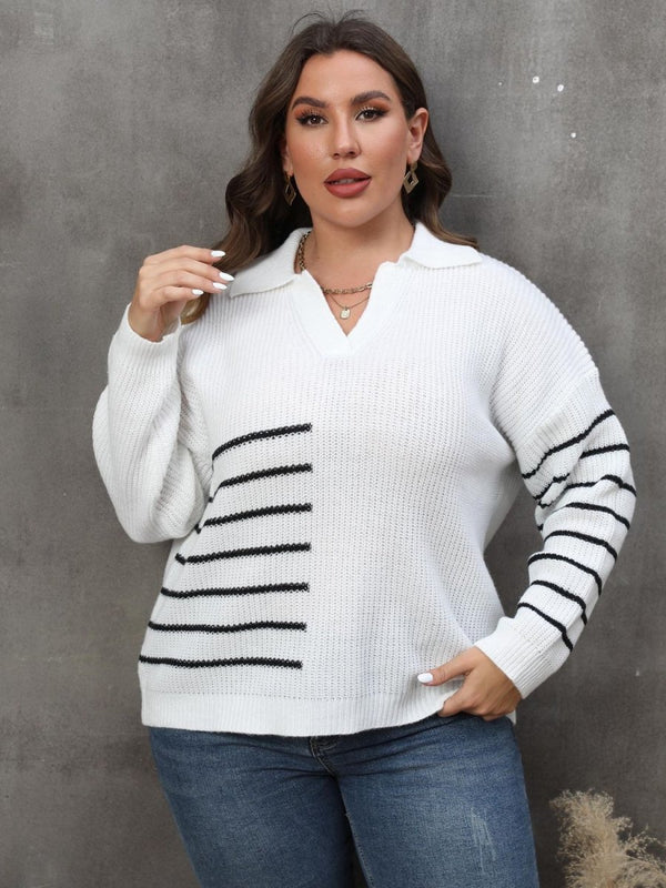 Plus Size Striped V - Neck Sweater - Diverse Creations & CompanyPlus Size Striped V - Neck SweaterWhite