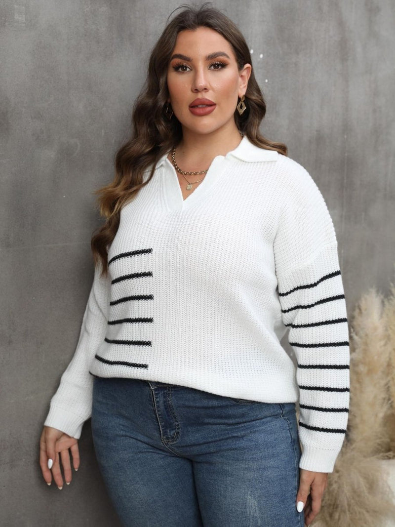 Plus Size Striped V - Neck Sweater - Diverse Creations & CompanyPlus Size Striped V - Neck SweaterWhite