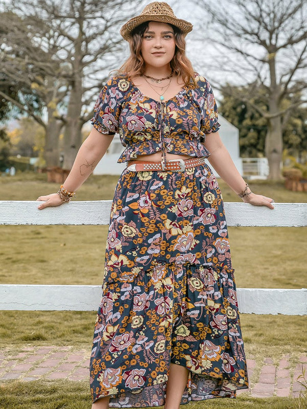 Plus Size Tie Neck Short Sleeve Top and Skirt Set - Diverse Creations & CompanyPlus Size Skirt SetMulticolor