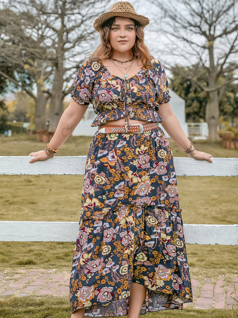 Plus Size Tie Neck Short Sleeve Top and Skirt Set - Diverse Creations & CompanyPlus Size Skirt SetMulticolor