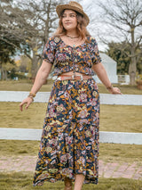 Plus Size Tie Neck Short Sleeve Top and Skirt Set - Diverse Creations & CompanyPlus Size Skirt SetMulticolor
