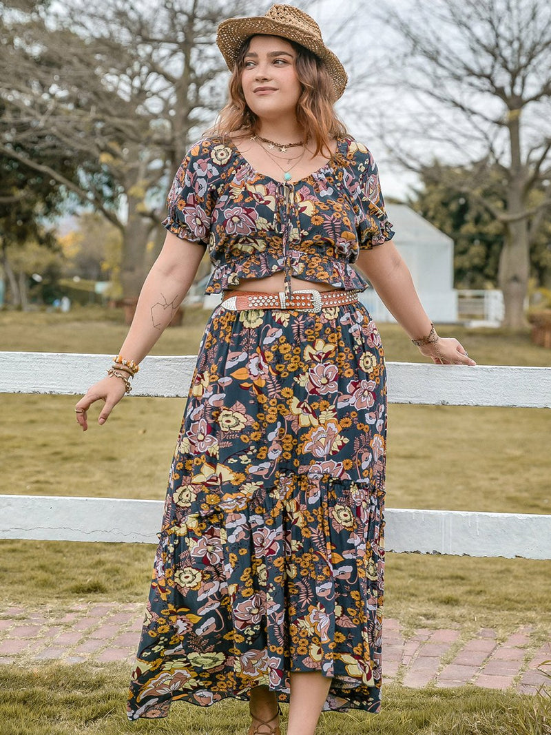 Plus Size Tie Neck Short Sleeve Top and Skirt Set - Diverse Creations & CompanyPlus Size Skirt SetMulticolor