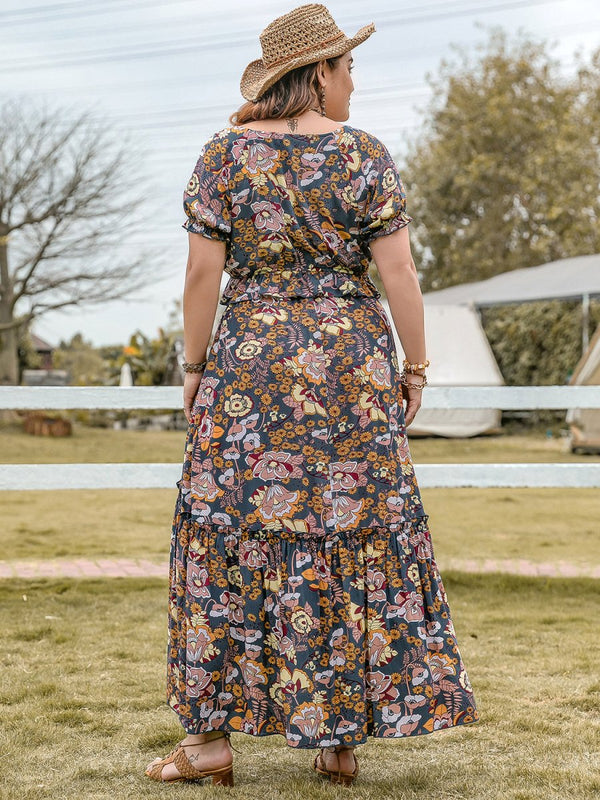 Plus Size Tie Neck Short Sleeve Top and Skirt Set - Diverse Creations & CompanyPlus Size Skirt SetMulticolor