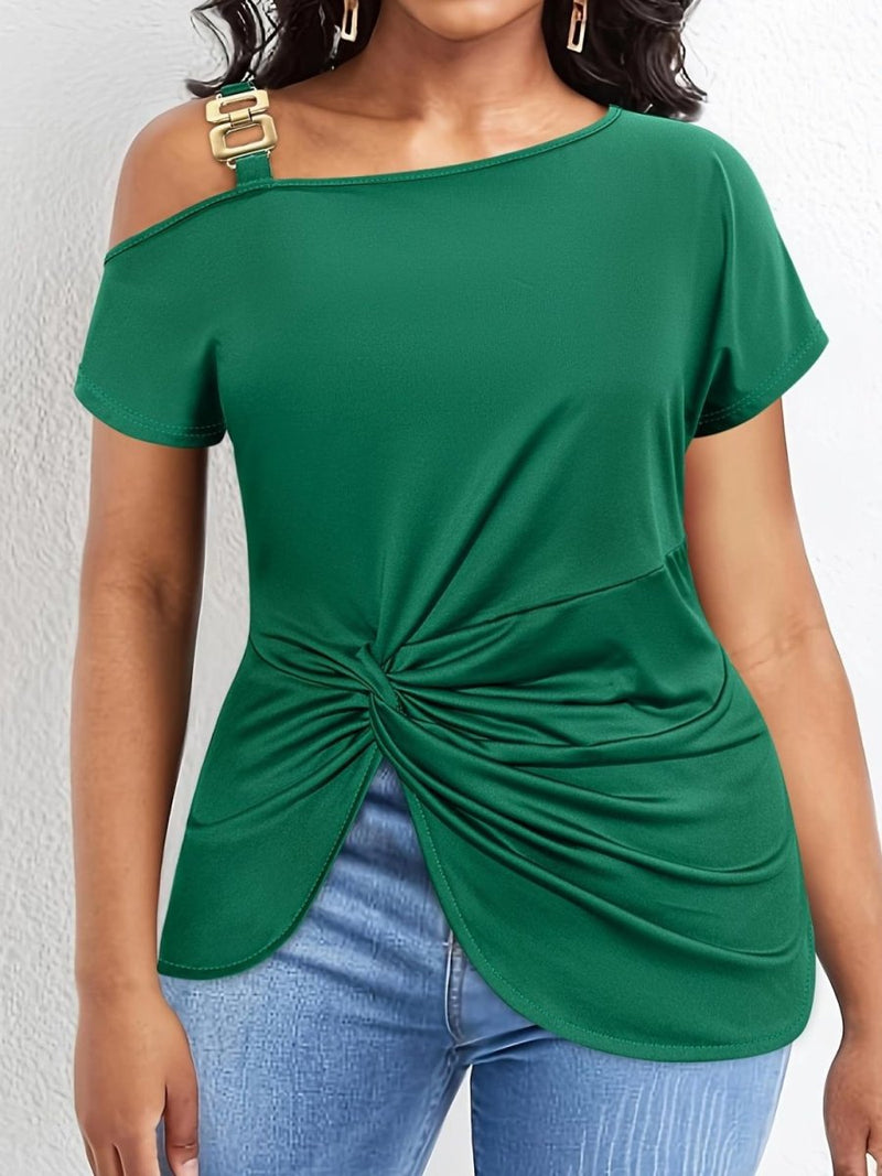 Plus Size Twisted Asymmetrical Neck Short Sleeve T - Shirt - Diverse Creations & CompanyTopsDark Green