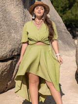 Plus Size V - Neck Half Sleeve Top and High - Low Skirt Set - Diverse Creations & CompanyV - Neck Half Sleeve Top and High - Low Skirt SetYellow - Green