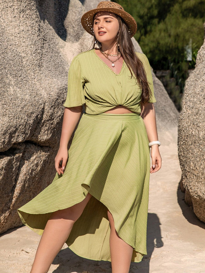 Plus Size V - Neck Half Sleeve Top and High - Low Skirt Set - Diverse Creations & CompanyV - Neck Half Sleeve Top and High - Low Skirt SetYellow - Green