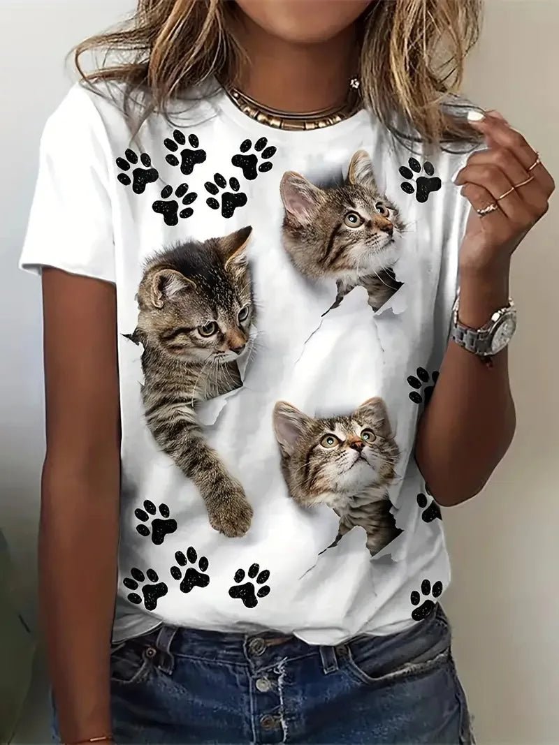 Plus Size Women's Clothing 3D Cat Print Crew Neck T-shirt Casual - Diverse Creations & Companywomen's t shirt1