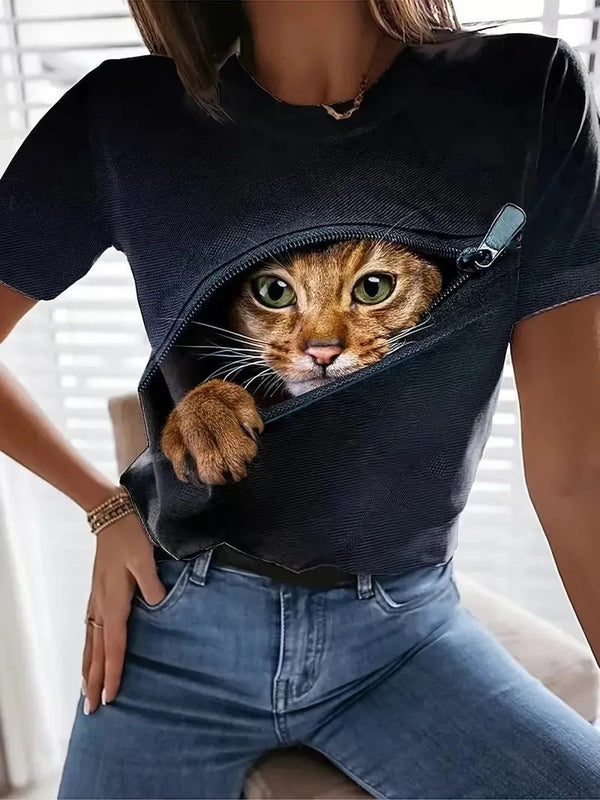 Plus Size Women's Clothing 3D Cat Print Crew Neck T-shirt Casual - Diverse Creations & Companywomen's t shirt1