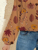 Printed Notched Long Sleeve Blouse - Diverse Creations & CompanyLong Sleeve Casual BlouseCaramel