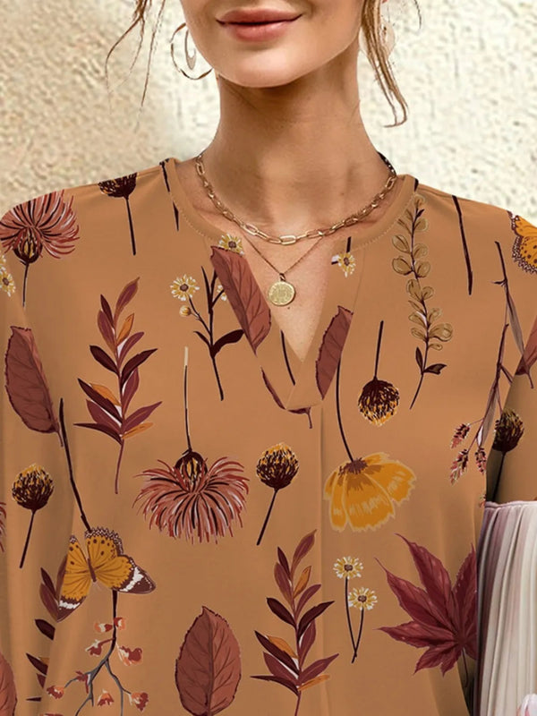 Printed Notched Long Sleeve Blouse - Diverse Creations & CompanyLong Sleeve Casual BlouseCaramel