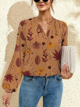 Printed Notched Long Sleeve Blouse - Diverse Creations & CompanyLong Sleeve Casual BlouseCaramel