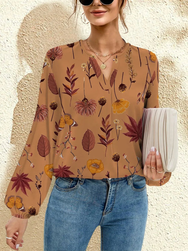 Printed Notched Long Sleeve Blouse - Diverse Creations & CompanyLong Sleeve Casual BlouseCaramel