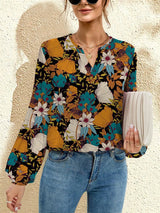Printed Notched Long Sleeve Blouse - Diverse Creations & CompanyLong Sleeve Casual BlouseFrench Blue
