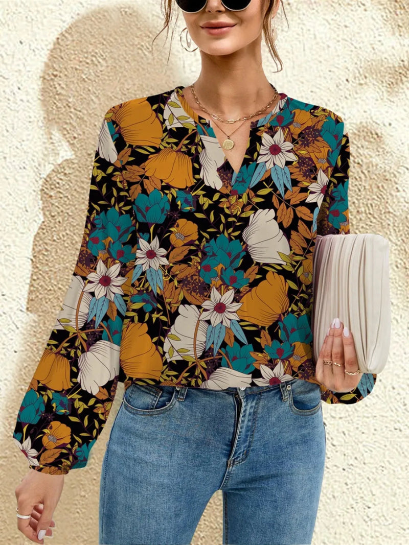 Printed Notched Long Sleeve Blouse - Diverse Creations & CompanyLong Sleeve Casual BlouseFrench Blue
