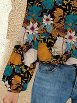 Printed Notched Long Sleeve Blouse - Diverse Creations & CompanyLong Sleeve Casual BlouseFrench Blue