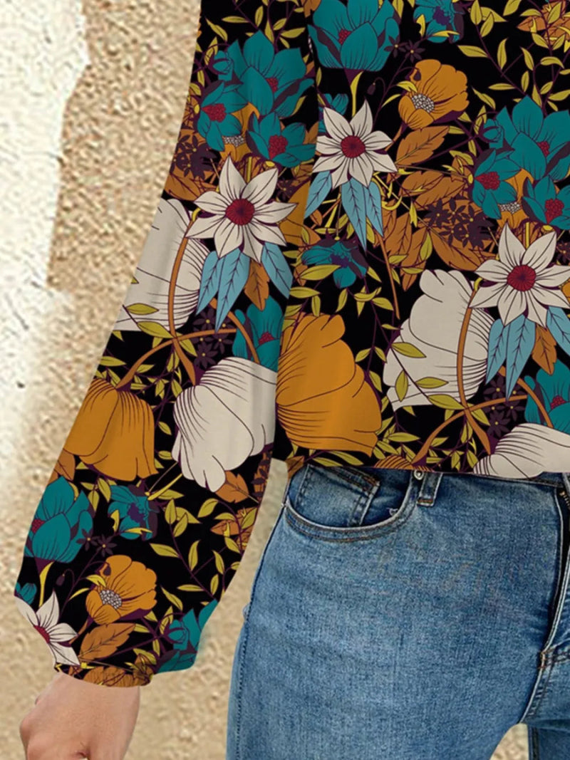 Printed Notched Long Sleeve Blouse - Diverse Creations & CompanyLong Sleeve Casual BlouseFrench Blue