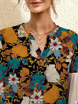 Printed Notched Long Sleeve Blouse - Diverse Creations & CompanyLong Sleeve Casual BlouseFrench Blue