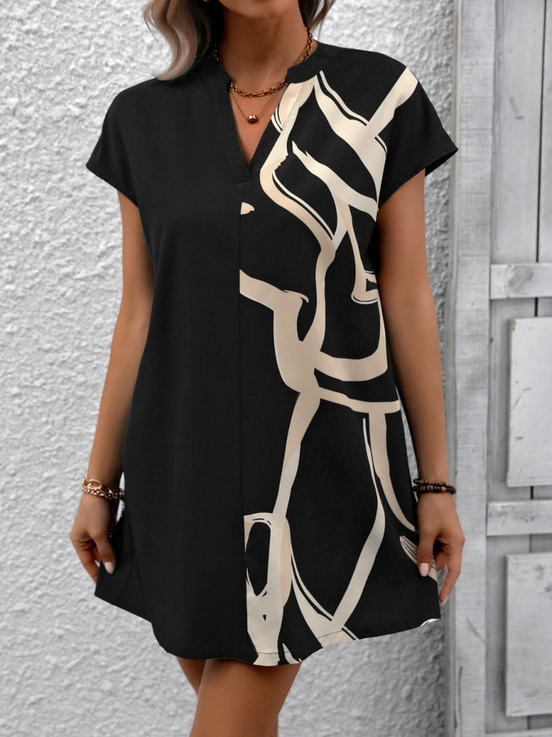 Printed Notched Short Sleeve Dress - Diverse Creations & CompanyShort Sleeve DressBlack