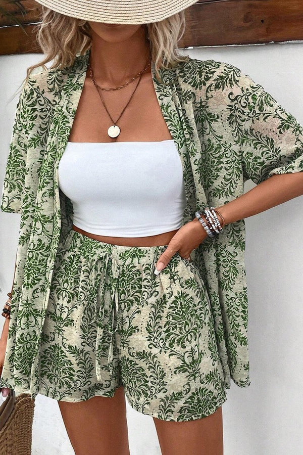 Printed Open Front Top and Shorts Set - Diverse Creations & CompanyTwo Piece Tropical LeavesMoss