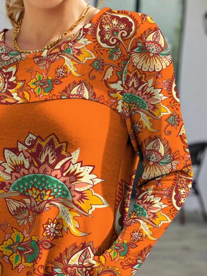 Printed Round Neck Long Sleeve Fall T-Shirt – Cozy, Stylish & Seasonal - Diverse Creations & CompanyLong Sleeve Casual topOchre