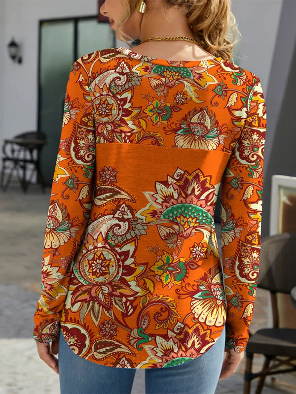 Printed Round Neck Long Sleeve Fall T-Shirt – Cozy, Stylish & Seasonal - Diverse Creations & CompanyLong Sleeve Casual topOchre
