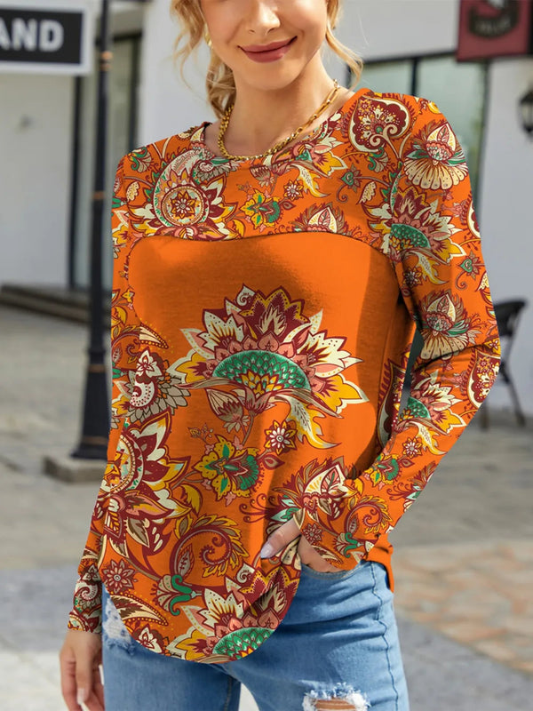 Printed Round Neck Long Sleeve Fall T-Shirt – Cozy, Stylish & Seasonal - Diverse Creations & CompanyLong Sleeve Casual topOchre