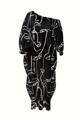 Printed Single Shoulder Lantern Sleeve Maxi Dress - Diverse Creations & CompanyLantern Sleeve Maxi DressBlack