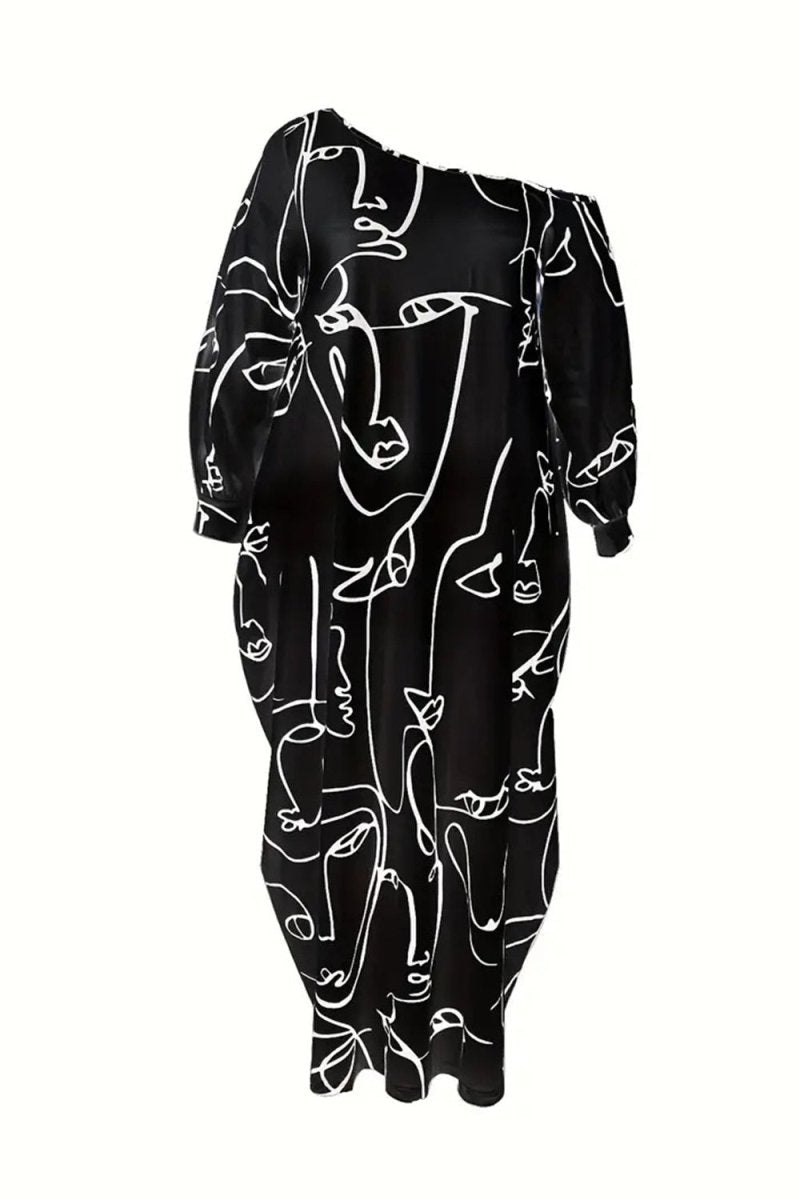 Printed Single Shoulder Lantern Sleeve Maxi Dress - Diverse Creations & CompanyLantern Sleeve Maxi DressBlack