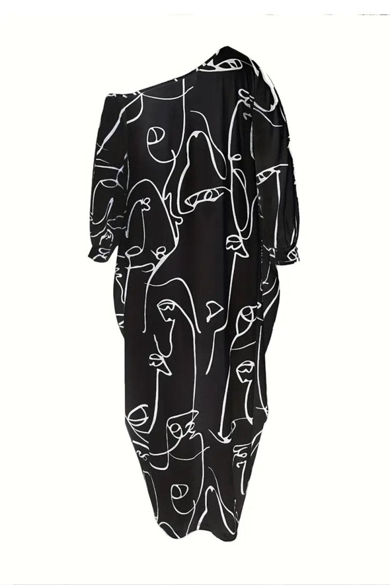 Printed Single Shoulder Lantern Sleeve Maxi Dress - Diverse Creations & CompanyLantern Sleeve Maxi DressBlack