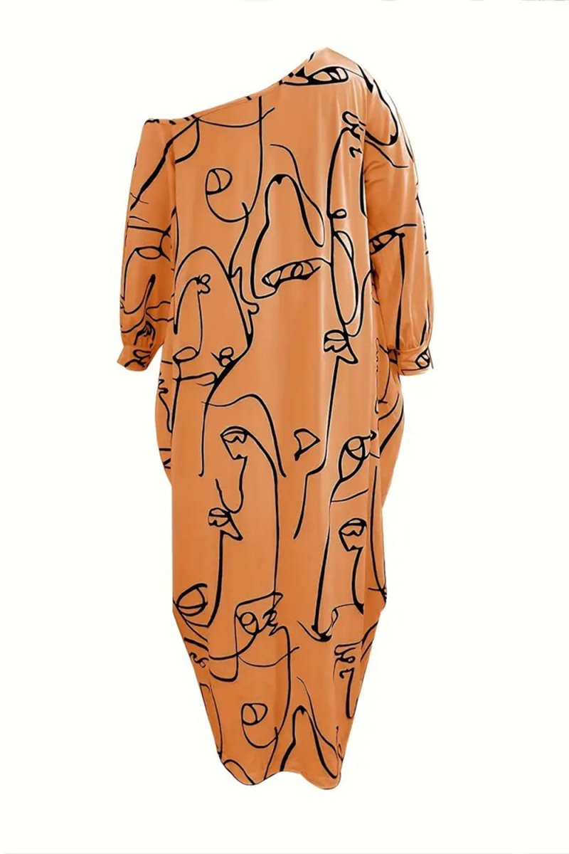 Printed Single Shoulder Lantern Sleeve Maxi Dress - Diverse Creations & CompanyLantern Sleeve Maxi DressCaramel