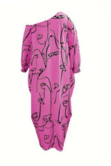 Printed Single Shoulder Lantern Sleeve Maxi Dress - Diverse Creations & CompanyLantern Sleeve Maxi DressHot Pink