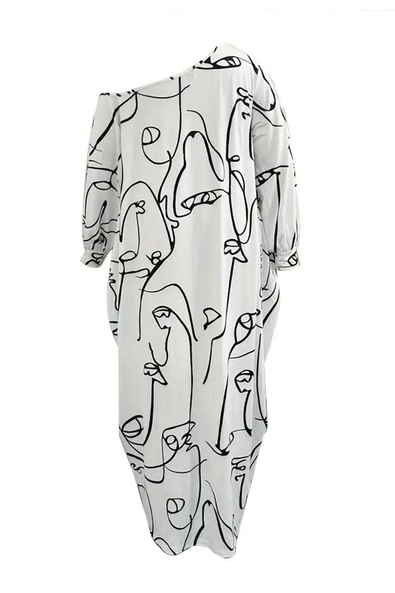 Printed Single Shoulder Lantern Sleeve Maxi Dress - Diverse Creations & CompanyLantern Sleeve Maxi DressWhite