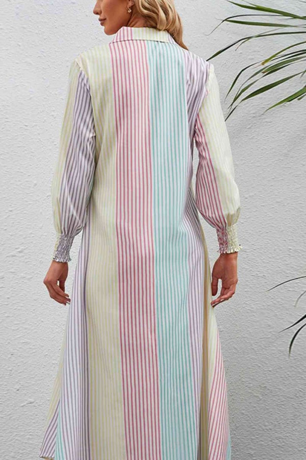 Rainbow Stripe Button-Up Maxi Shirt Dress - Diverse Creations & CompanyShirt Maxi DressStripe