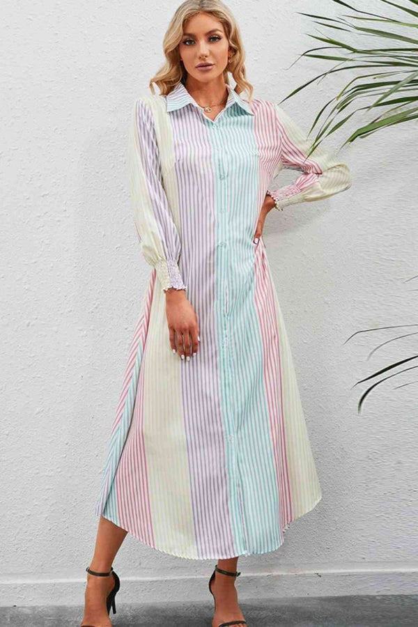 Rainbow Stripe Button-Up Maxi Shirt Dress - Diverse Creations & CompanyShirt Maxi DressStripe