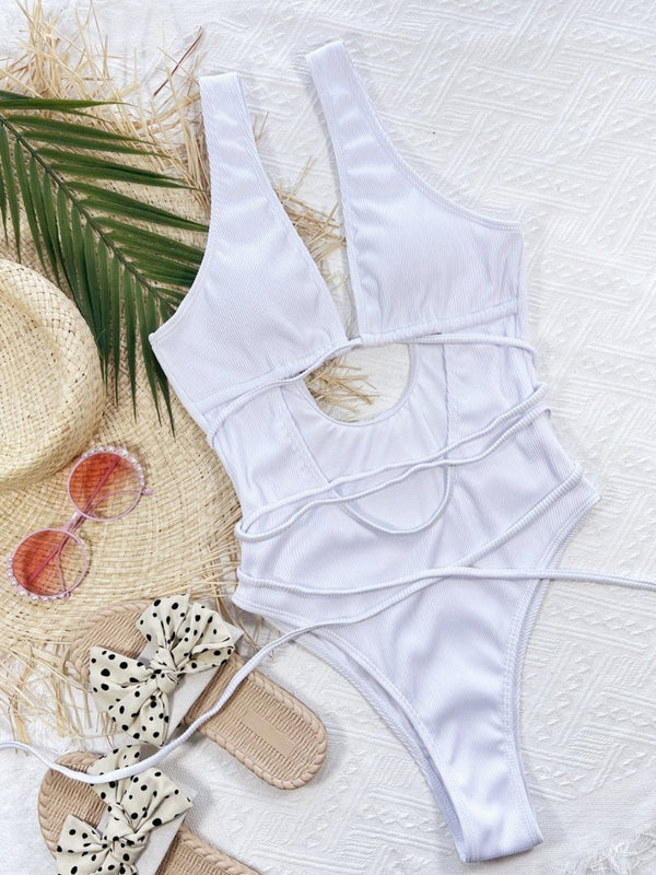 Ribbed Lace Up One-Piece Swimsuit - Diverse Creations & CompanyOne-piece swimwearWhite