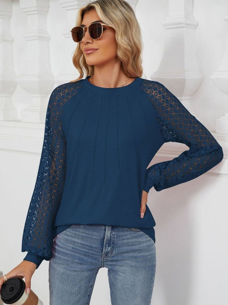 Round Neck Lace Long Sleeve Top - Diverse Creations & CompanyLong sleeve TopDark Navy