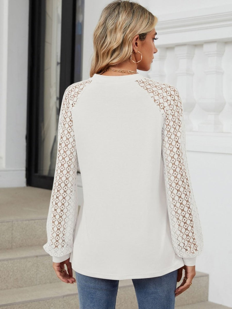 Round Neck Lace Long Sleeve Top - Diverse Creations & CompanyLong sleeve TopWhite