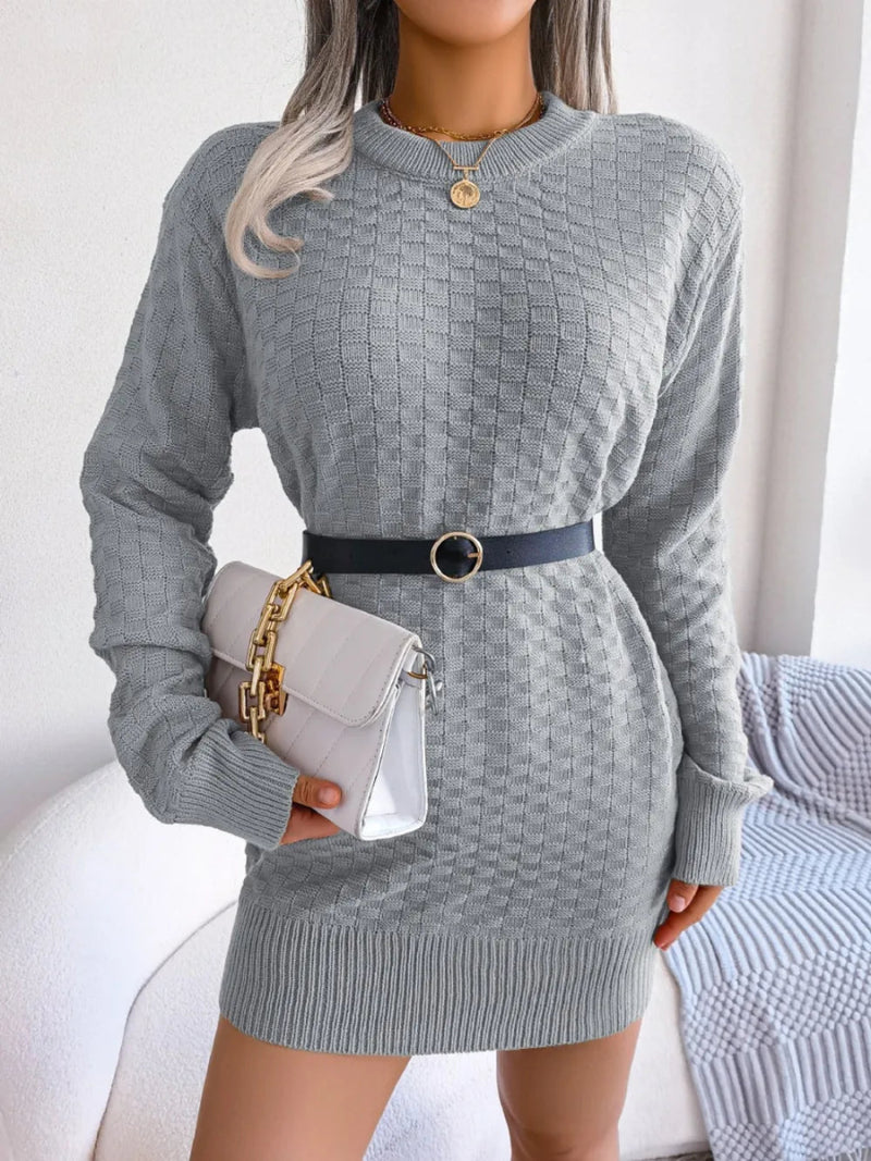Round Neck Long Sleeve Mini Sweater Dress - Diverse Creations & CompanySweater DressGray