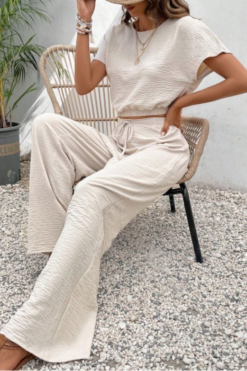 Round Neck Short Sleeve Top and Pants Set - Diverse Creations & CompanyMatching setBeige