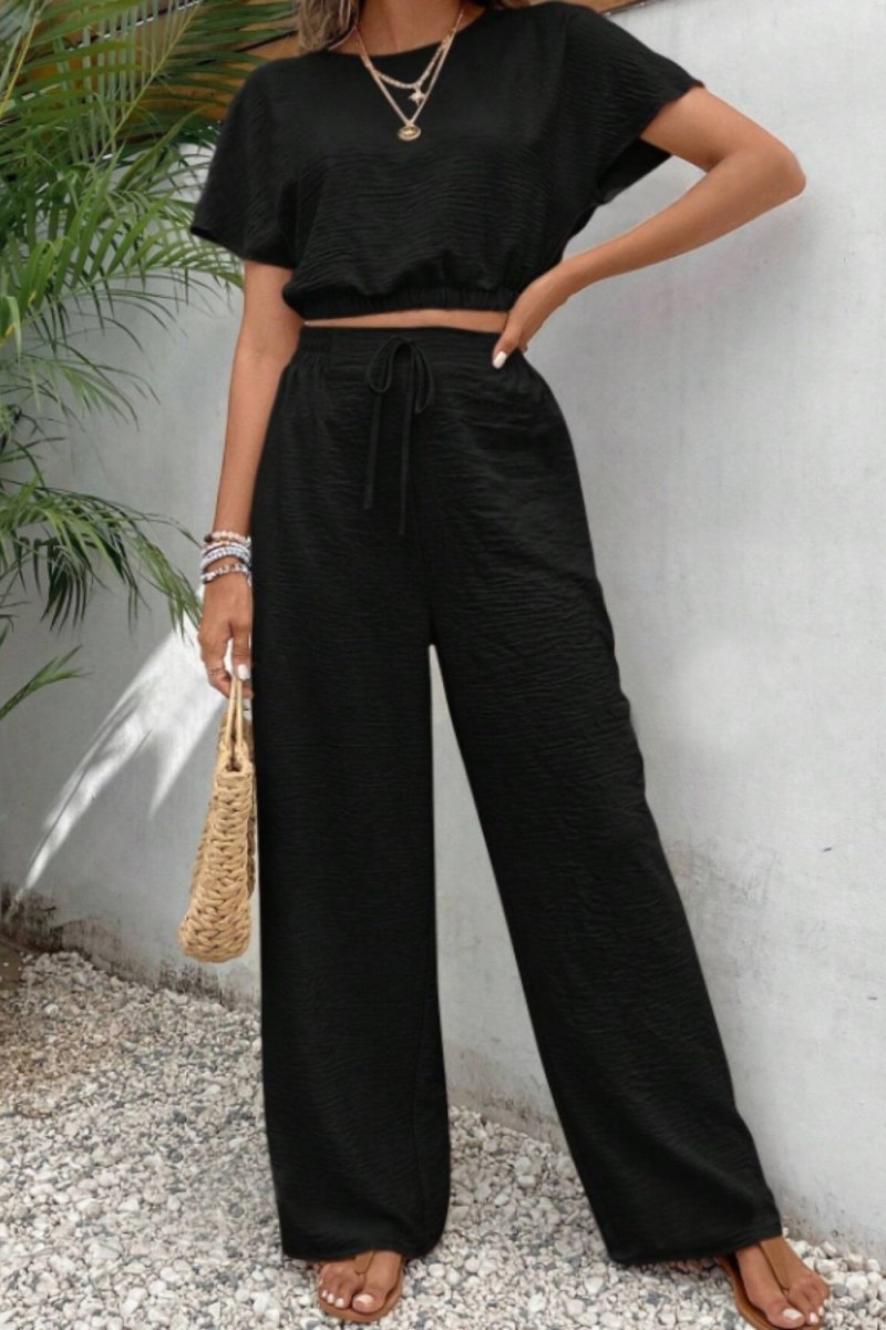 Round Neck Short Sleeve Top and Pants Set - Diverse Creations & CompanyMatching setBlack