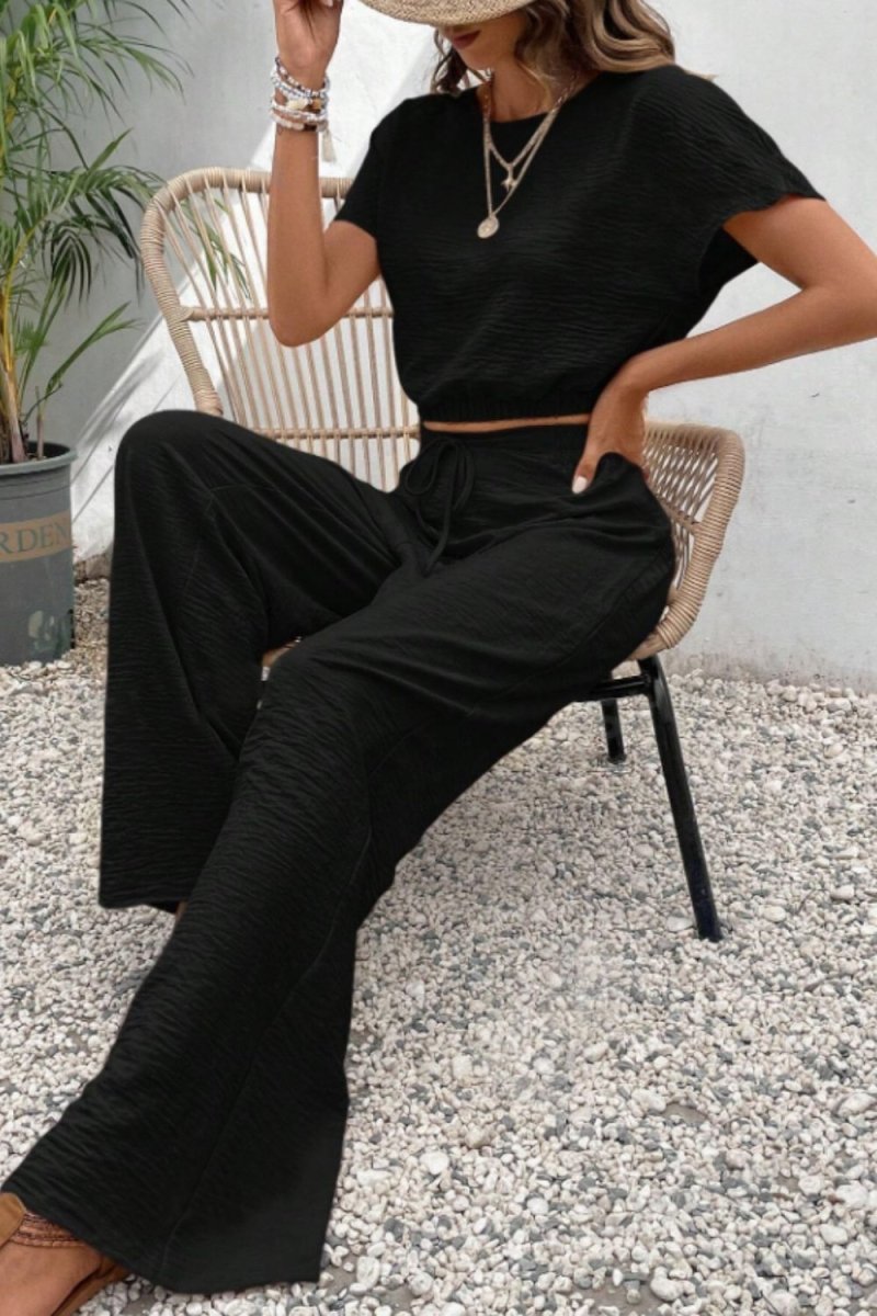 Round Neck Short Sleeve Top and Pants Set - Diverse Creations & CompanyMatching setBlack