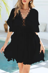Ruffled Smocked Waist V - Neck Cover - Up - Diverse Creations & CompanyCover - Ups swimwearBlack