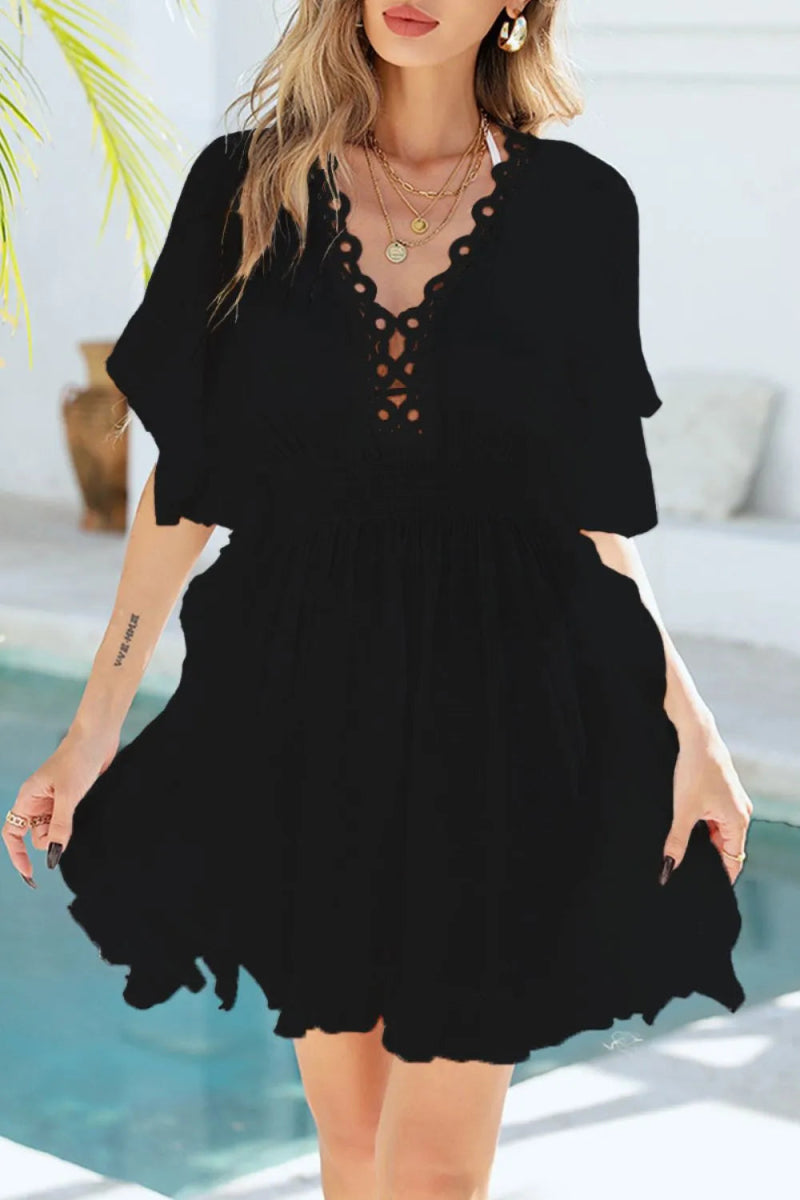 Ruffled Smocked Waist V - Neck Cover - Up - Diverse Creations & CompanyCover - Ups swimwearBlack