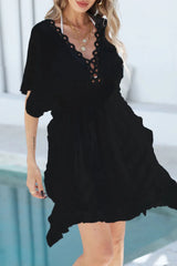 Ruffled Smocked Waist V - Neck Cover - Up - Diverse Creations & CompanyCover - Ups swimwearBlack